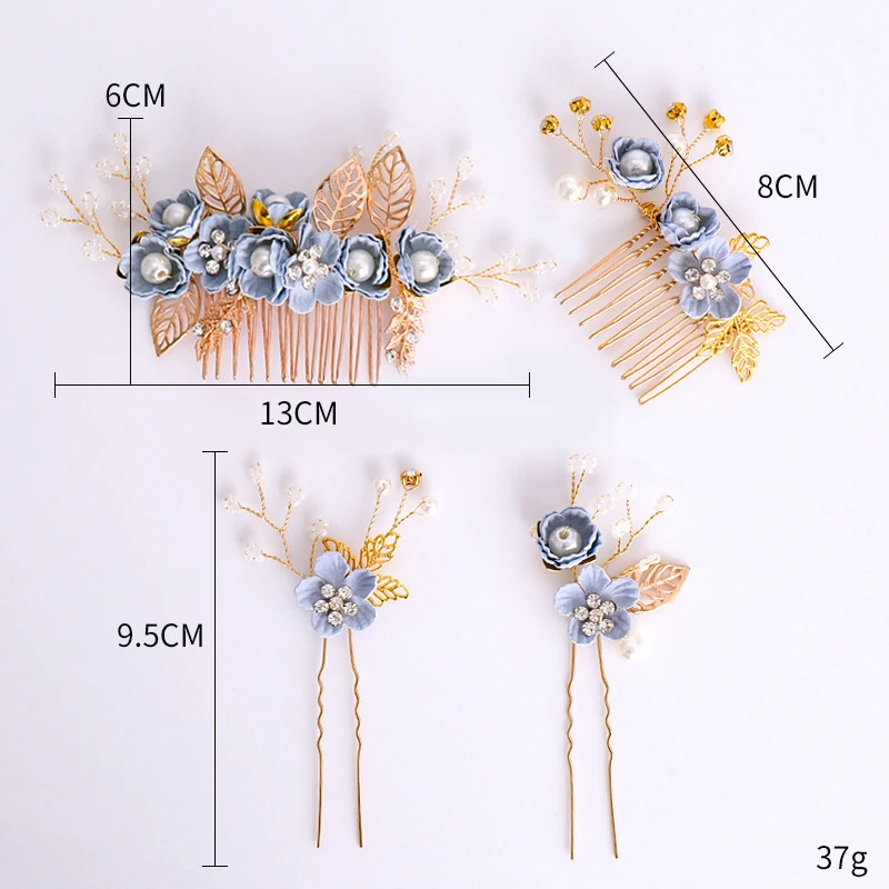 Pink/Blue Flower Bridal Hair Comb and Hairpins Pearl Wedding Hair Accessories Flower Head Piece For Women Ladies Hair Jewelry