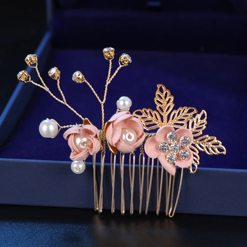 Pink/Blue Flower Bridal Hair Comb and Hairpins Pearl Wedding Hair Accessories Flower Head Piece For Women Ladies Hair Jewelry