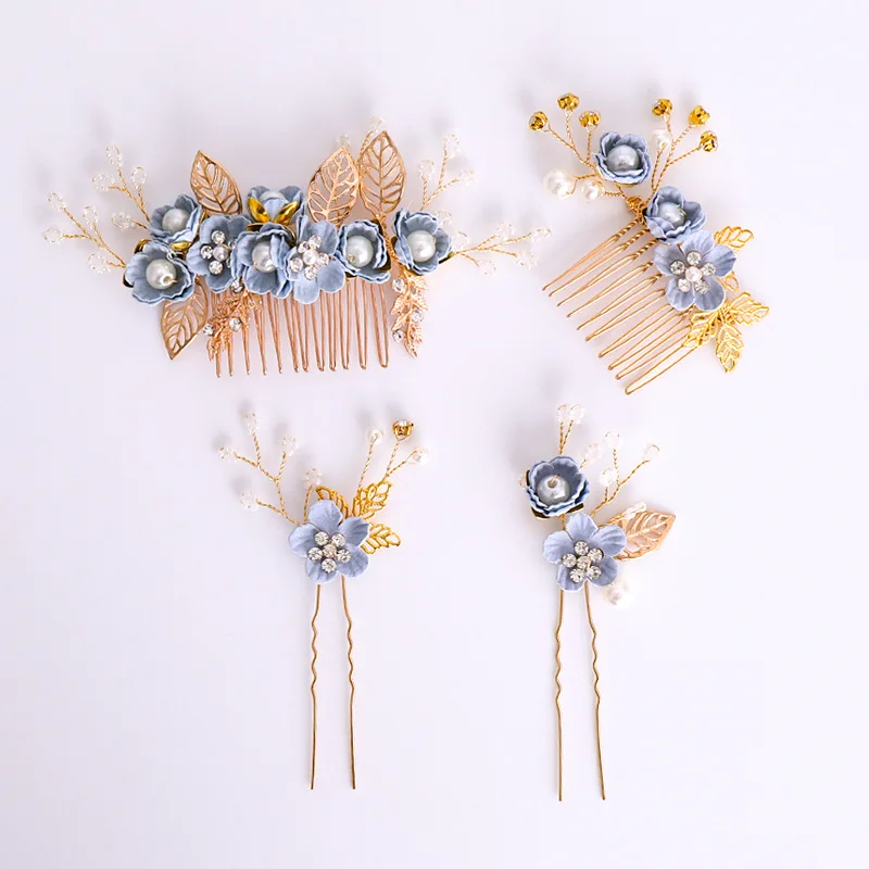 Pink/Blue Flower Bridal Hair Comb and Hairpins Pearl Wedding Hair Accessories Flower Head Piece For Women Ladies Hair Jewelry