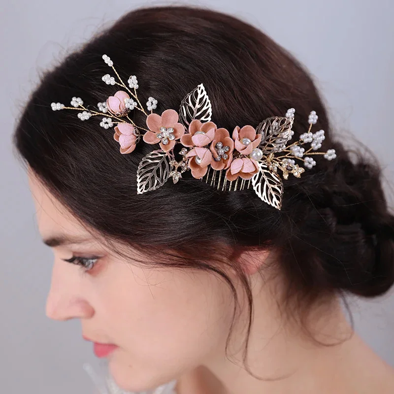 Pink/Blue Flower Bridal Hair Comb and Hairpins Pearl Wedding Hair Accessories Flower Head Piece For Women Ladies Hair Jewelry