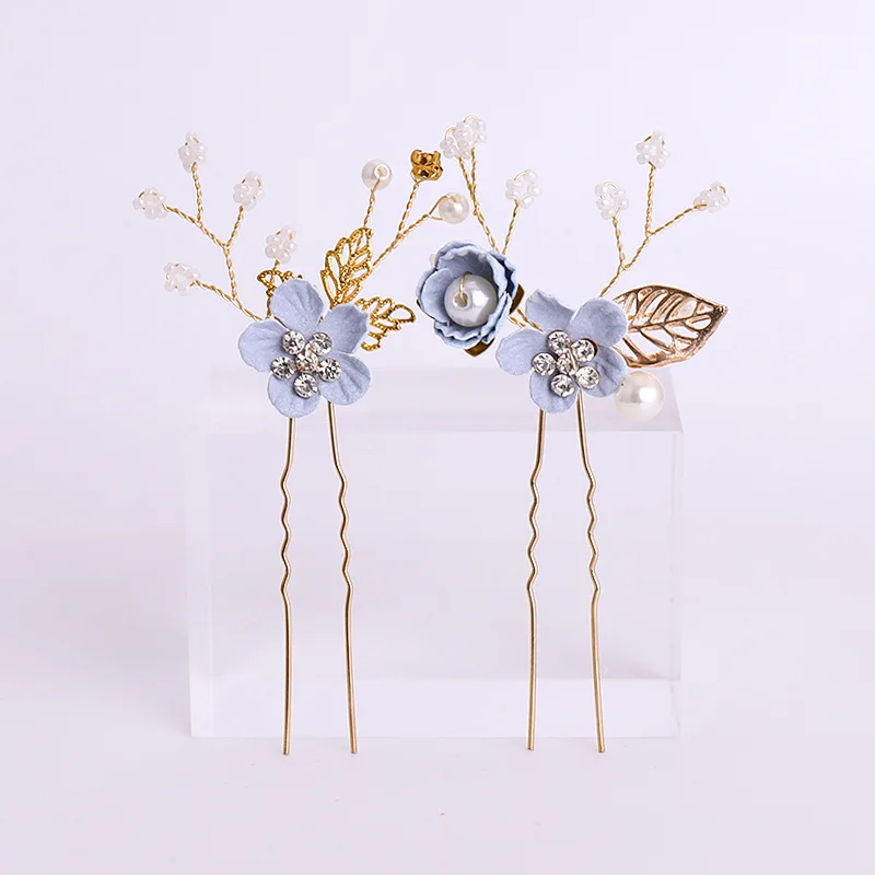 Pink/Blue Flower Bridal Hair Comb and Hairpins Pearl Wedding Hair Accessories Flower Head Piece For Women Ladies Hair Jewelry