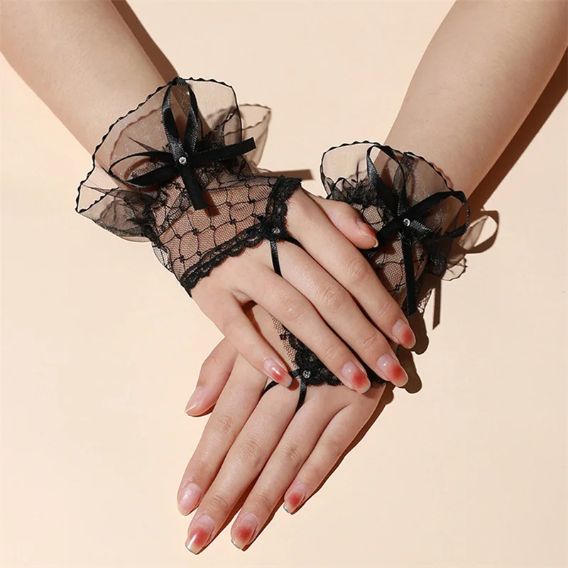 Women Lace Fingerless Gloves Solid Color White Black Red Bride Party Gloves Lady See Through Short Gloves Female Elegant Glove