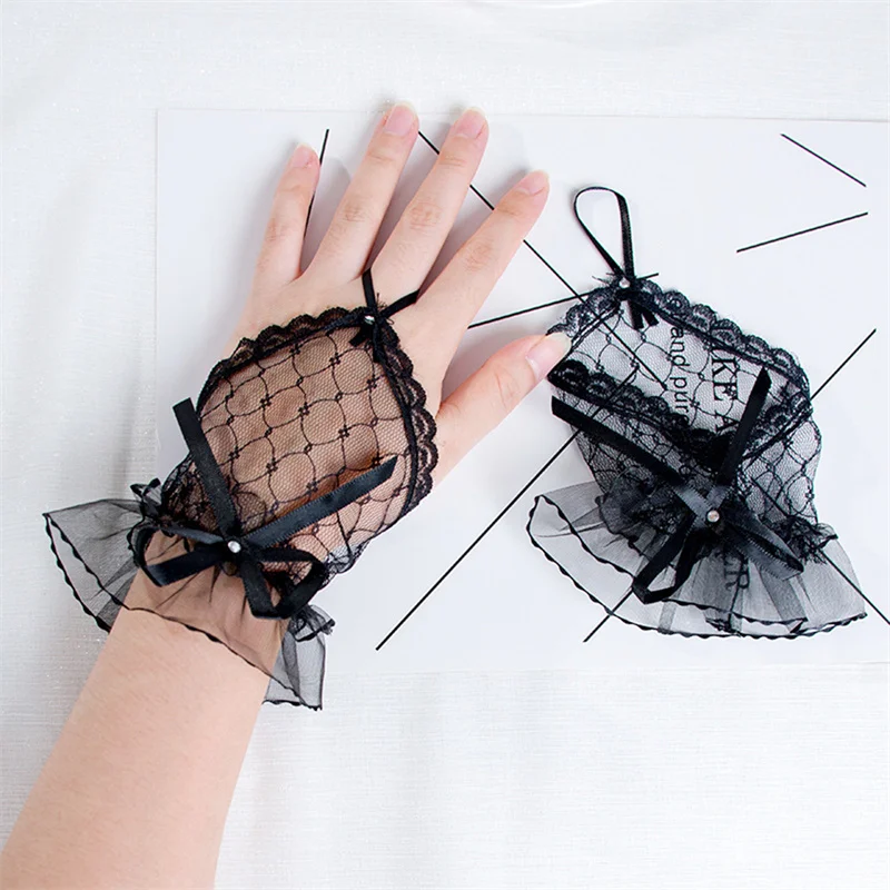 Women Lace Fingerless Gloves Solid Color White Black Red Bride Party Gloves Lady See Through Short Gloves Female Elegant Glove