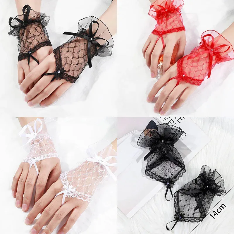 Women Lace Fingerless Gloves Solid Color White Black Red Bride Party Gloves Lady See Through Short Gloves Female Elegant Glove