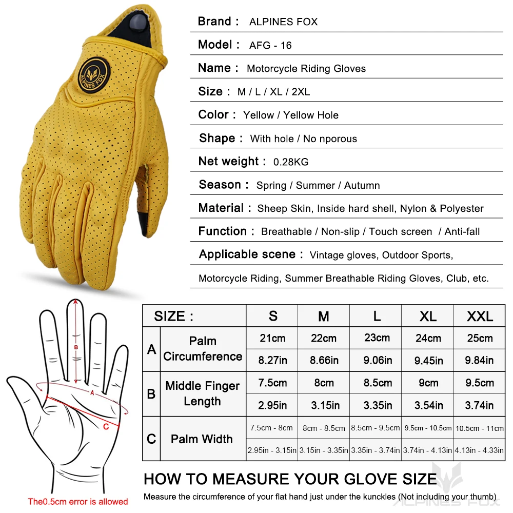 Vinatge Goatskin Motorcycle Gloves Summer Men Yellow Retro Leather Motorcyclist Guantes Motorbike Motocross Glove M-XXL