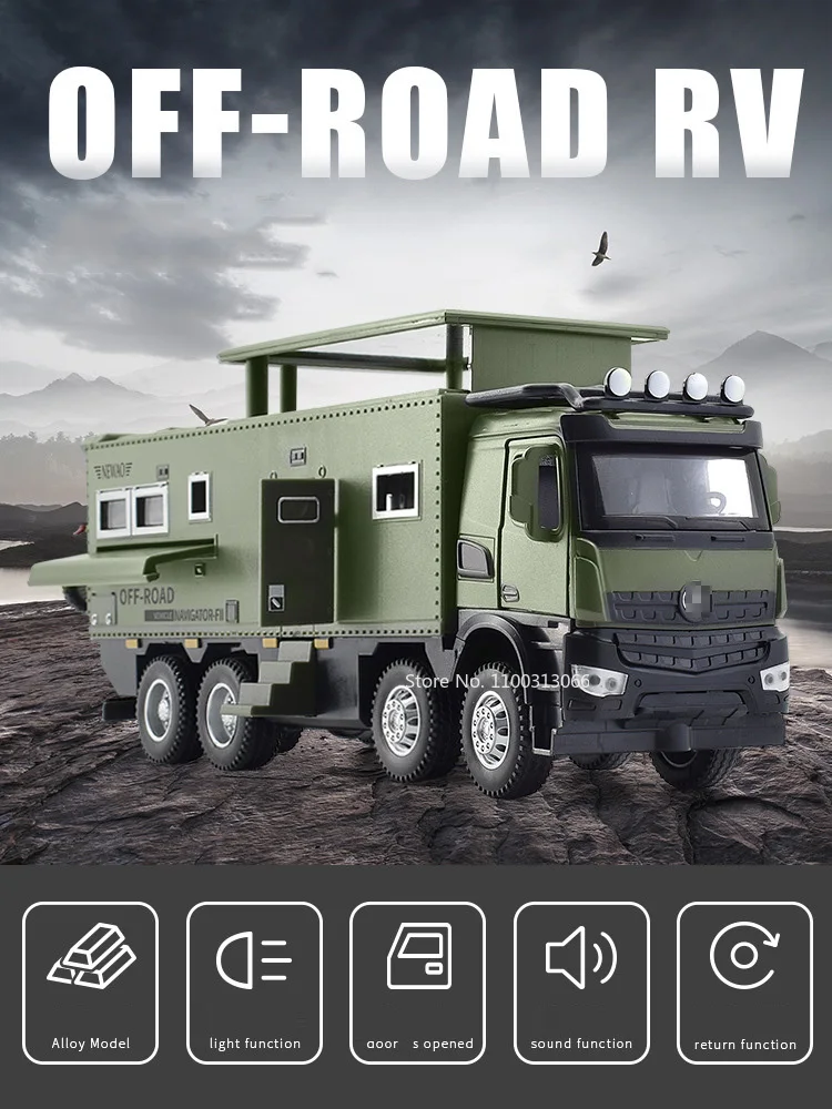 1/24 Nomadism Off-road RV Model Cars Toys Alloy Diecasting Rubber Tires Motor Home Models Light Sound Vehicle Kids Birthday Gift