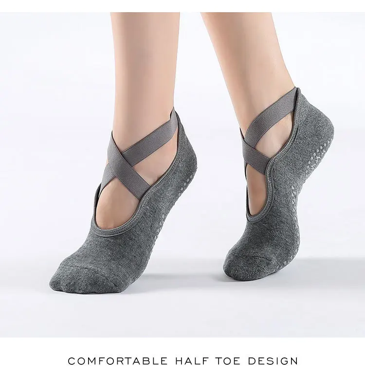 Non-Slip Yoga Socks with Bandage Cotton Backless Pilates Socks for Women Fitness Ballet Dance Workout Sport Socks Slipper