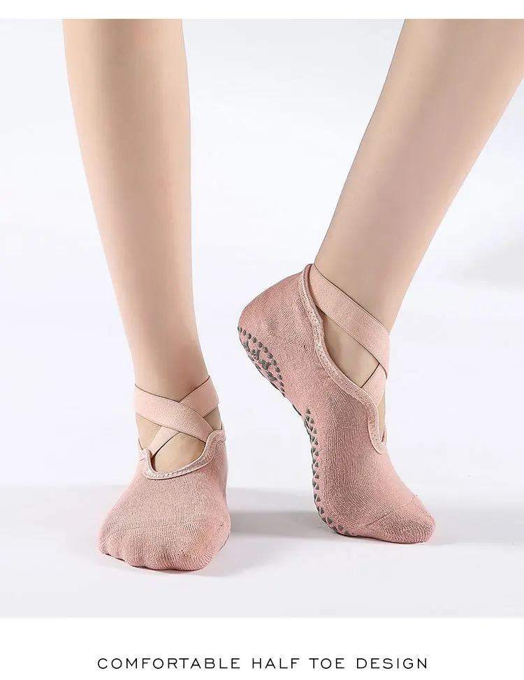 Non-Slip Yoga Socks with Bandage Cotton Backless Pilates Socks for Women Fitness Ballet Dance Workout Sport Socks Slipper