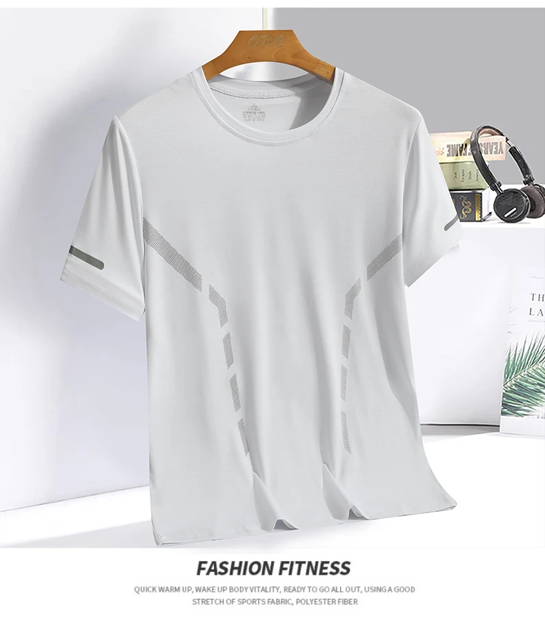 Men Running T-shirt Breathable Stretch Summer Top Gym Fitness Running Thin Short Sleeve Sportswear M-5XL Gray Blue Black White