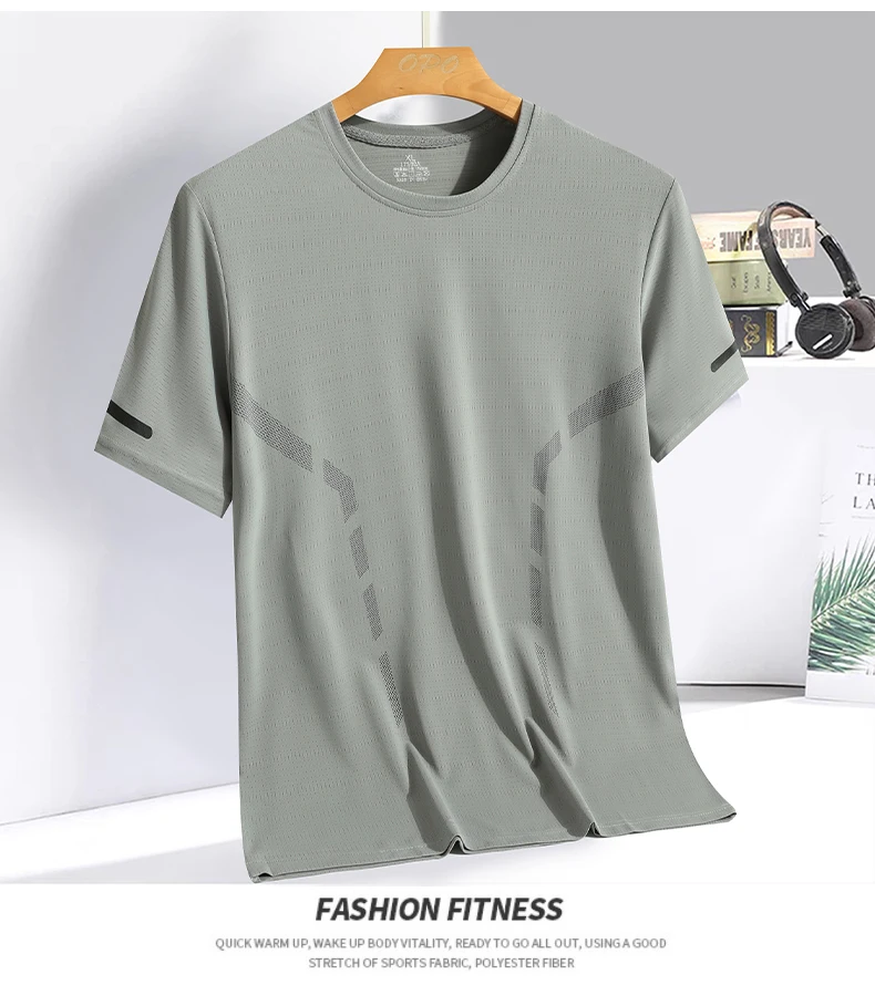 Men Running T-shirt Breathable Stretch Summer Top Gym Fitness Running Thin Short Sleeve Sportswear M-5XL Gray Blue Black White