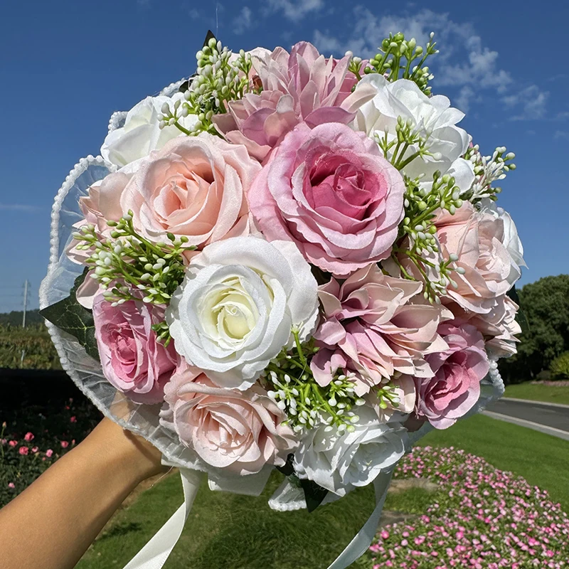 Wedding Bouquets for Bride Babysbreath Rose Bridesmaid Bouquets Silk Ribbon Valentine's Day Decoration Pearl Lace Mesh Ball Gift