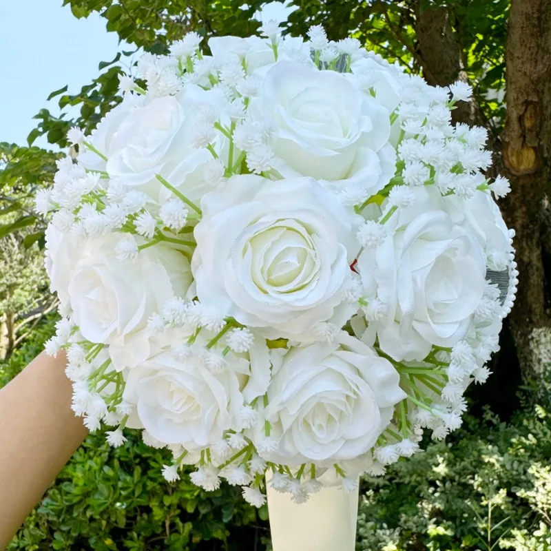 Wedding Bouquets for Bride Babysbreath Rose Bridesmaid Bouquets Silk Ribbon Valentine's Day Decoration Pearl Lace Mesh Ball Gift