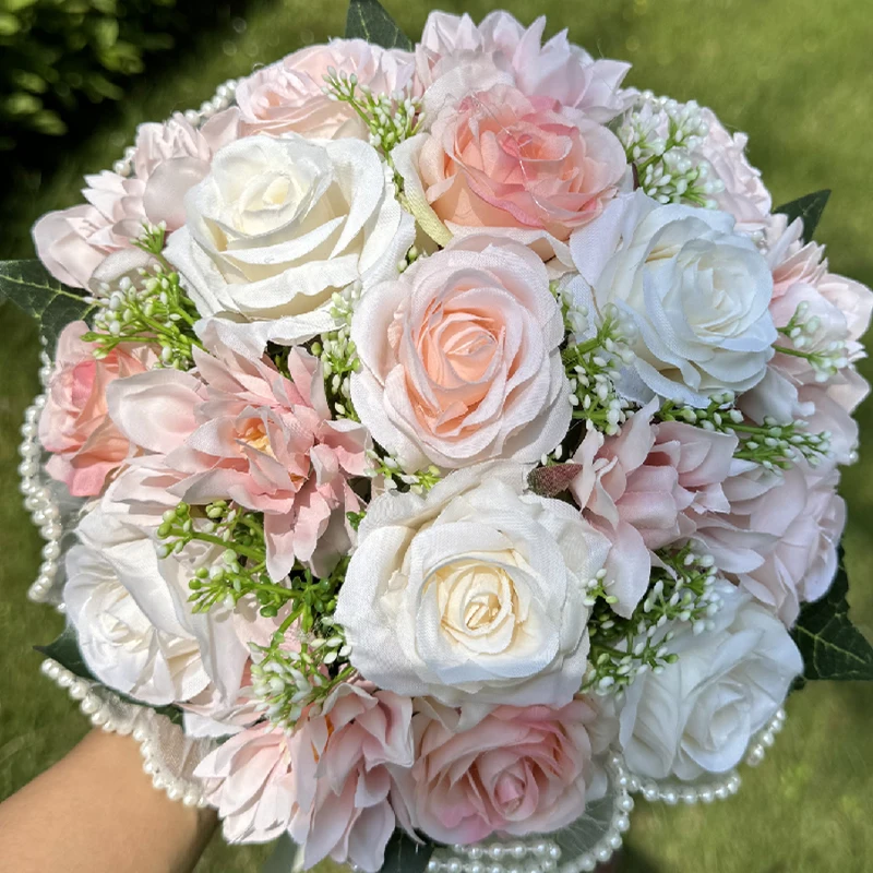 Wedding Bouquets for Bride Babysbreath Rose Bridesmaid Bouquets Silk Ribbon Valentine's Day Decoration Pearl Lace Mesh Ball Gift