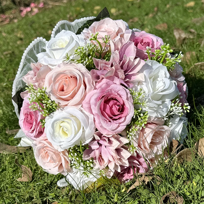 Wedding Bouquets for Bride Babysbreath Rose Bridesmaid Bouquets Silk Ribbon Valentine's Day Decoration Pearl Lace Mesh Ball Gift