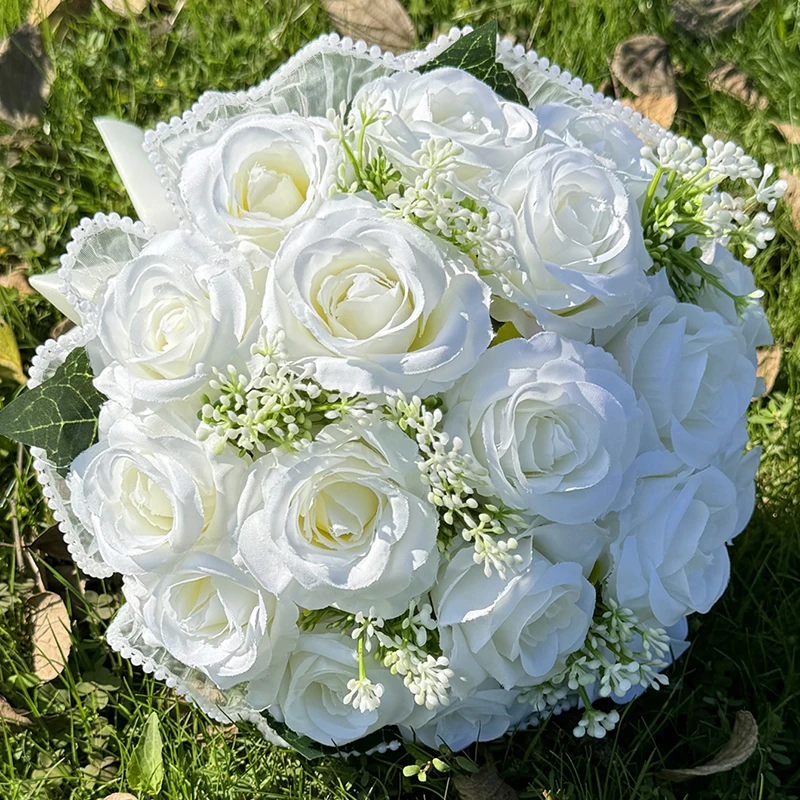 Wedding Bouquets for Bride Babysbreath Rose Bridesmaid Bouquets Silk Ribbon Valentine's Day Decoration Pearl Lace Mesh Ball Gift