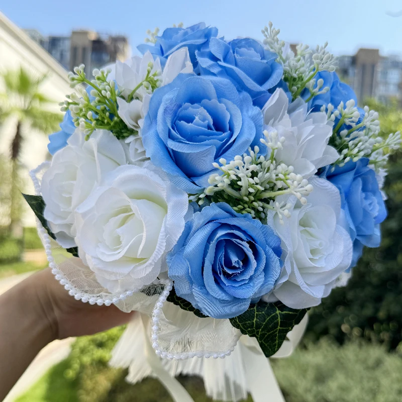 Wedding Bouquets for Bride Babysbreath Rose Bridesmaid Bouquets Silk Ribbon Valentine's Day Decoration Pearl Lace Mesh Ball Gift