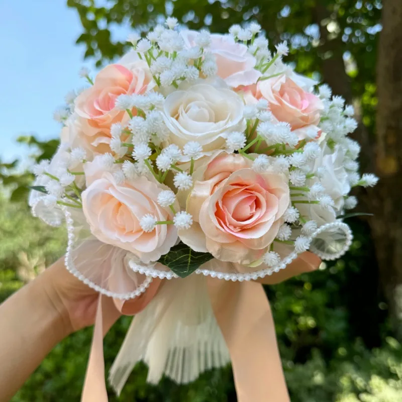 Wedding Bouquets for Bride Babysbreath Rose Bridesmaid Bouquets Silk Ribbon Valentine's Day Decoration Pearl Lace Mesh Ball Gift
