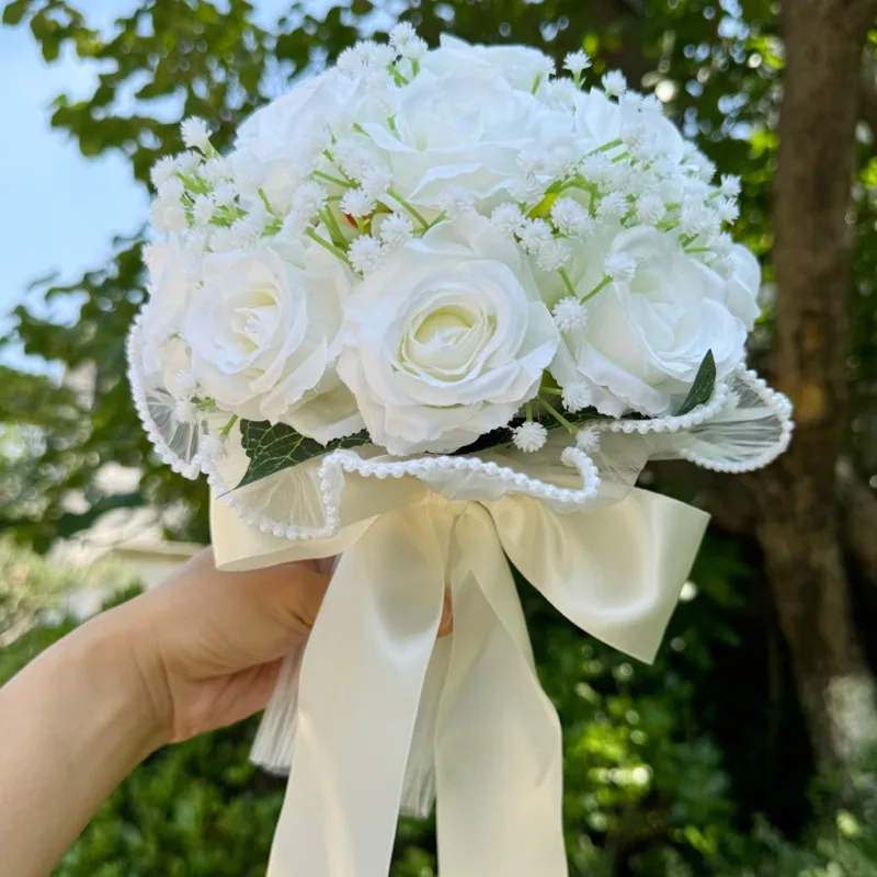 Wedding Bouquets for Bride Babysbreath Rose Bridesmaid Bouquets Silk Ribbon Valentine's Day Decoration Pearl Lace Mesh Ball Gift