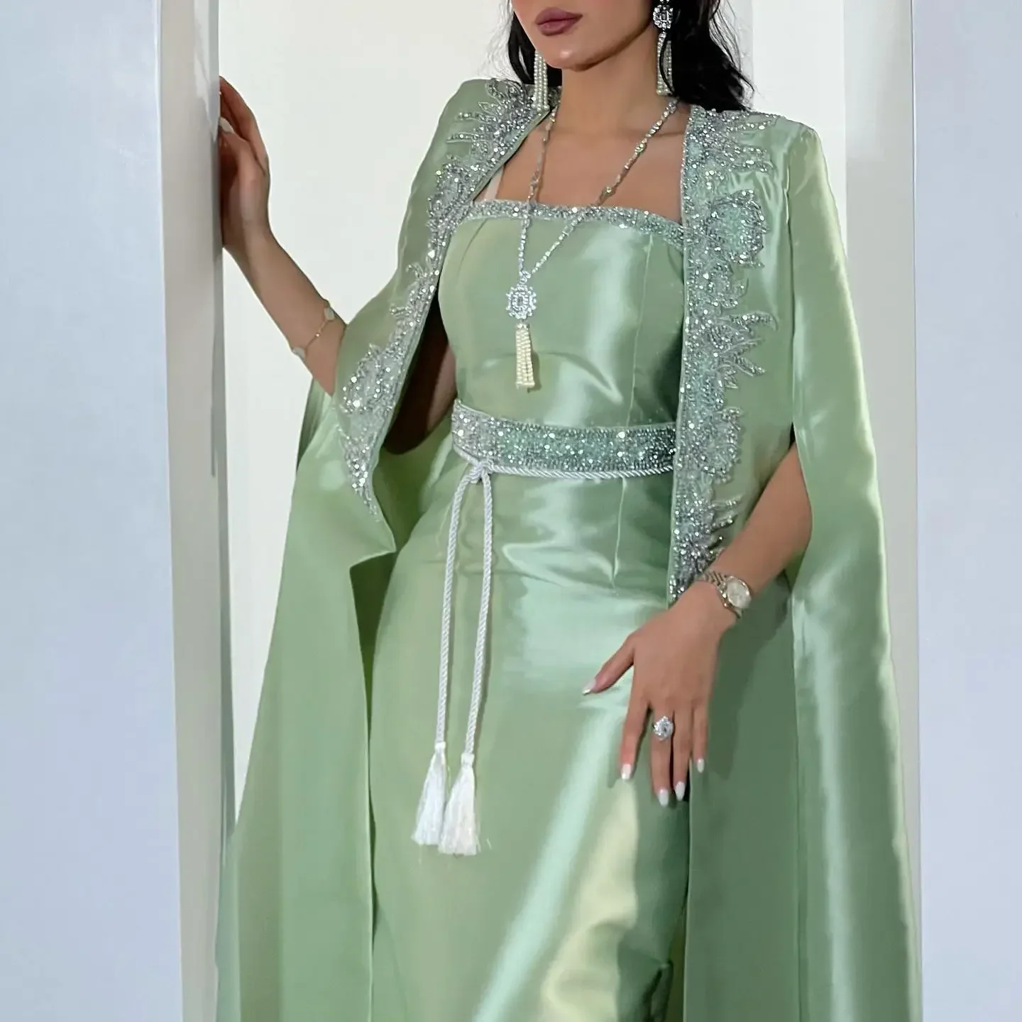 Customized Prom Dress Elegant Green Women's Strapless Sparkling Beaded  Gown Ankle Length Formal Occasion Gowns personalized