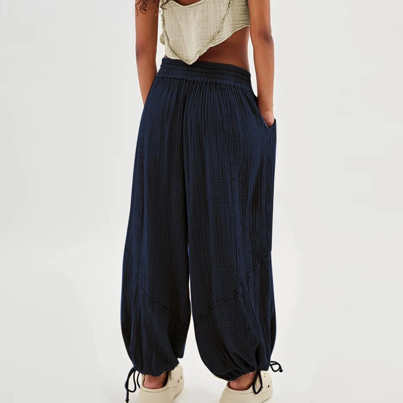 Loose Lantern Pants Women'S Solid Color Drawstring Wide Leg Pants Elastic Waistband Casual Pants Oversized Sports Pants For Wome