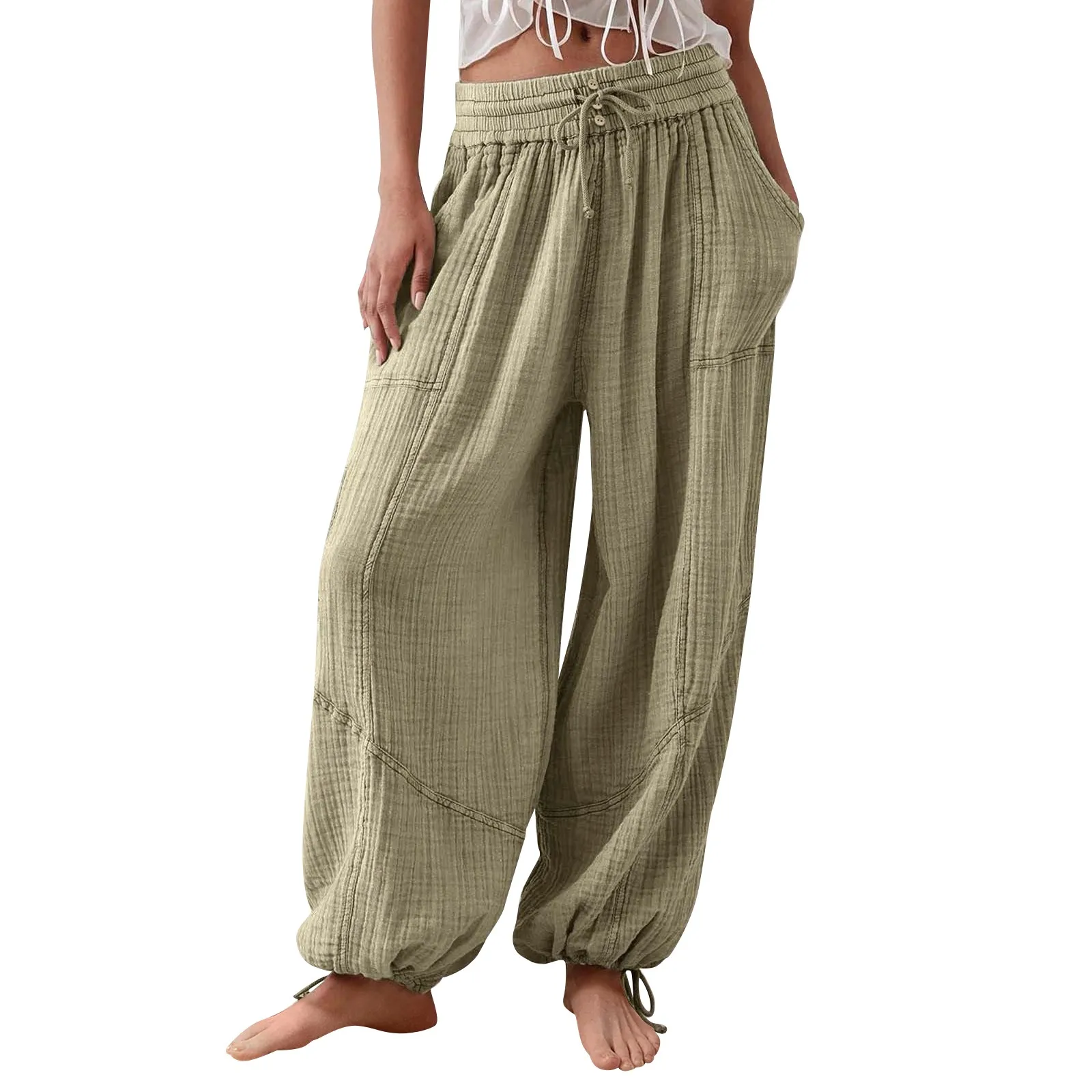 Loose Lantern Pants Women'S Solid Color Drawstring Wide Leg Pants Elastic Waistband Casual Pants Oversized Sports Pants For Wome