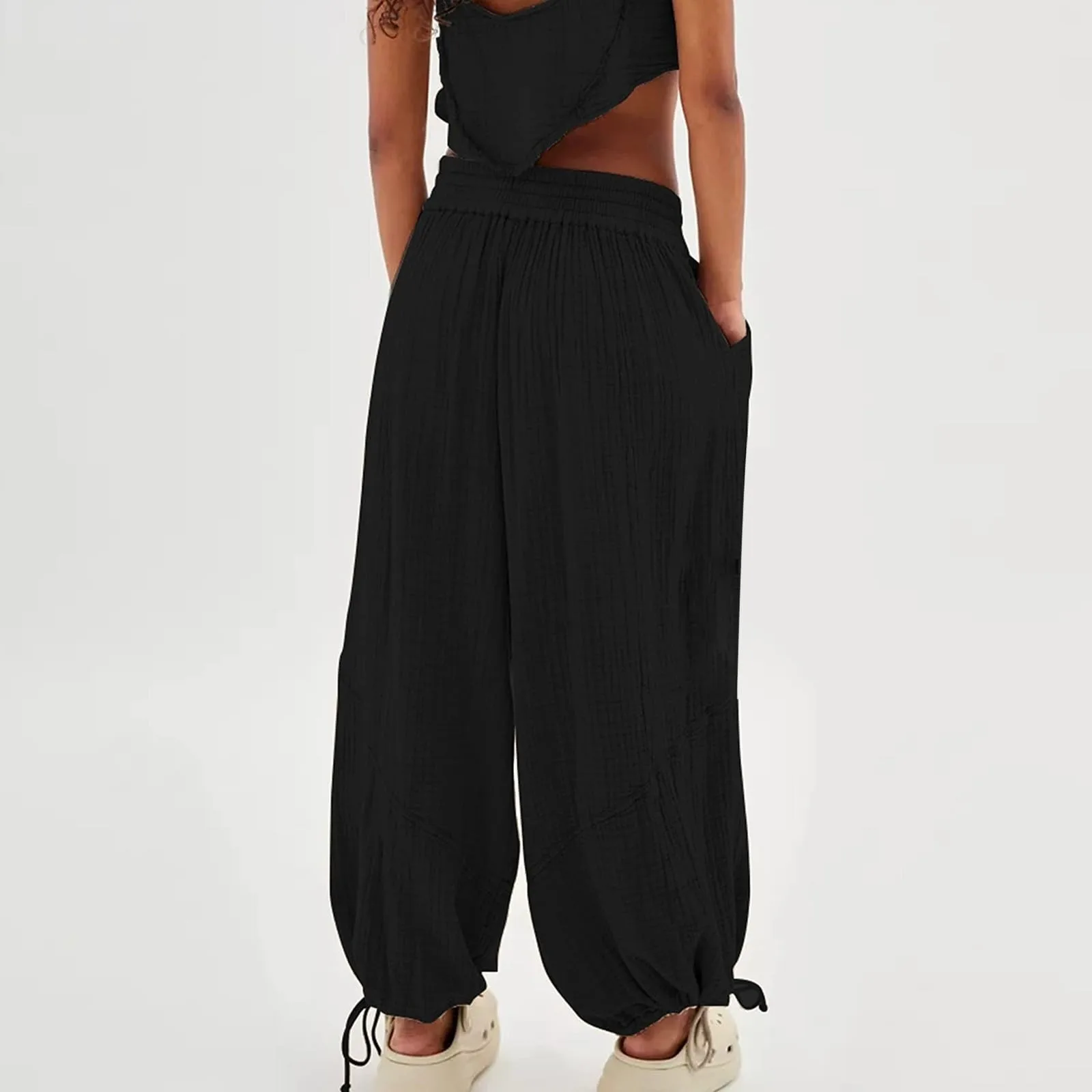 Loose Lantern Pants Women'S Solid Color Drawstring Wide Leg Pants Elastic Waistband Casual Pants Oversized Sports Pants For Wome