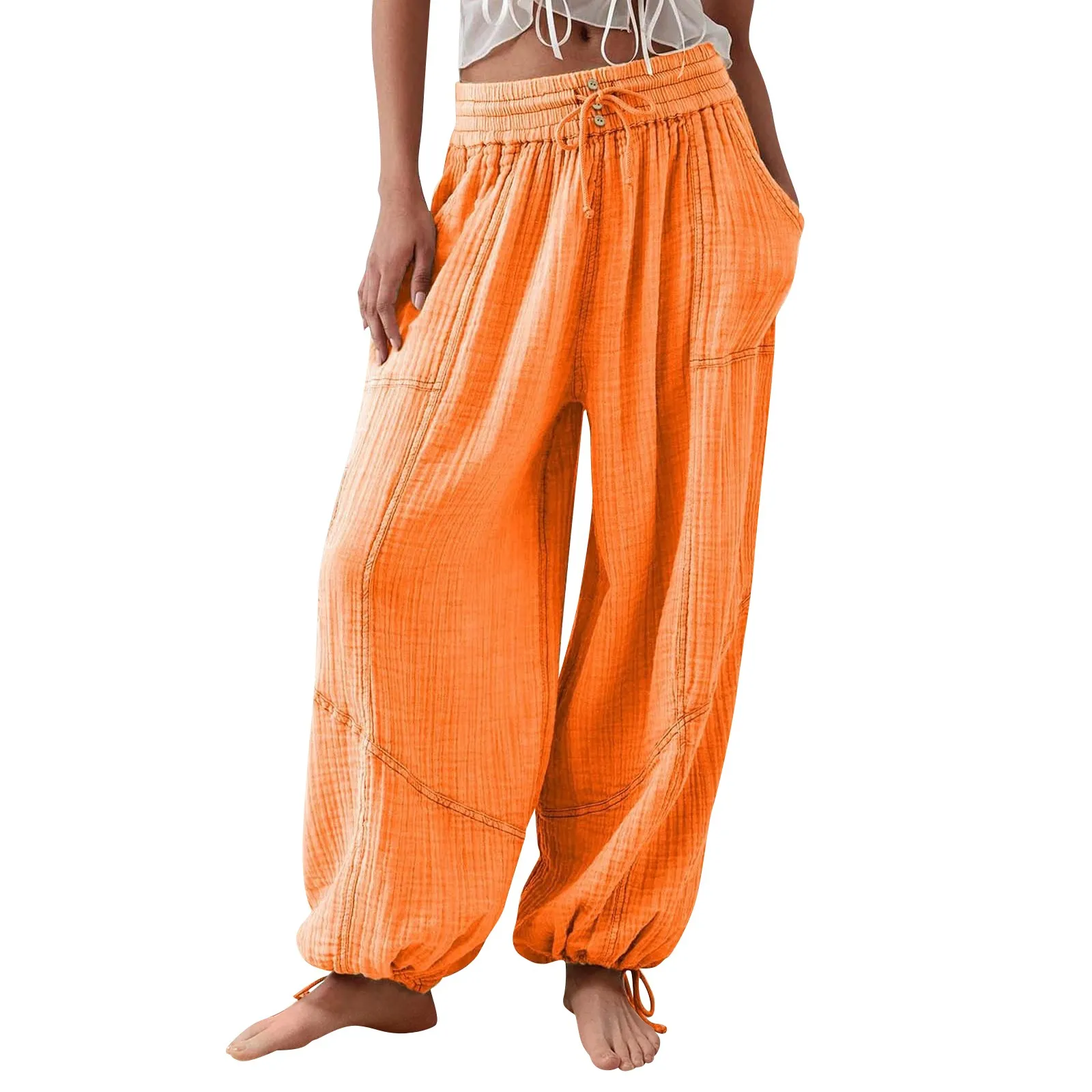 Loose Lantern Pants Women'S Solid Color Drawstring Wide Leg Pants Elastic Waistband Casual Pants Oversized Sports Pants For Wome