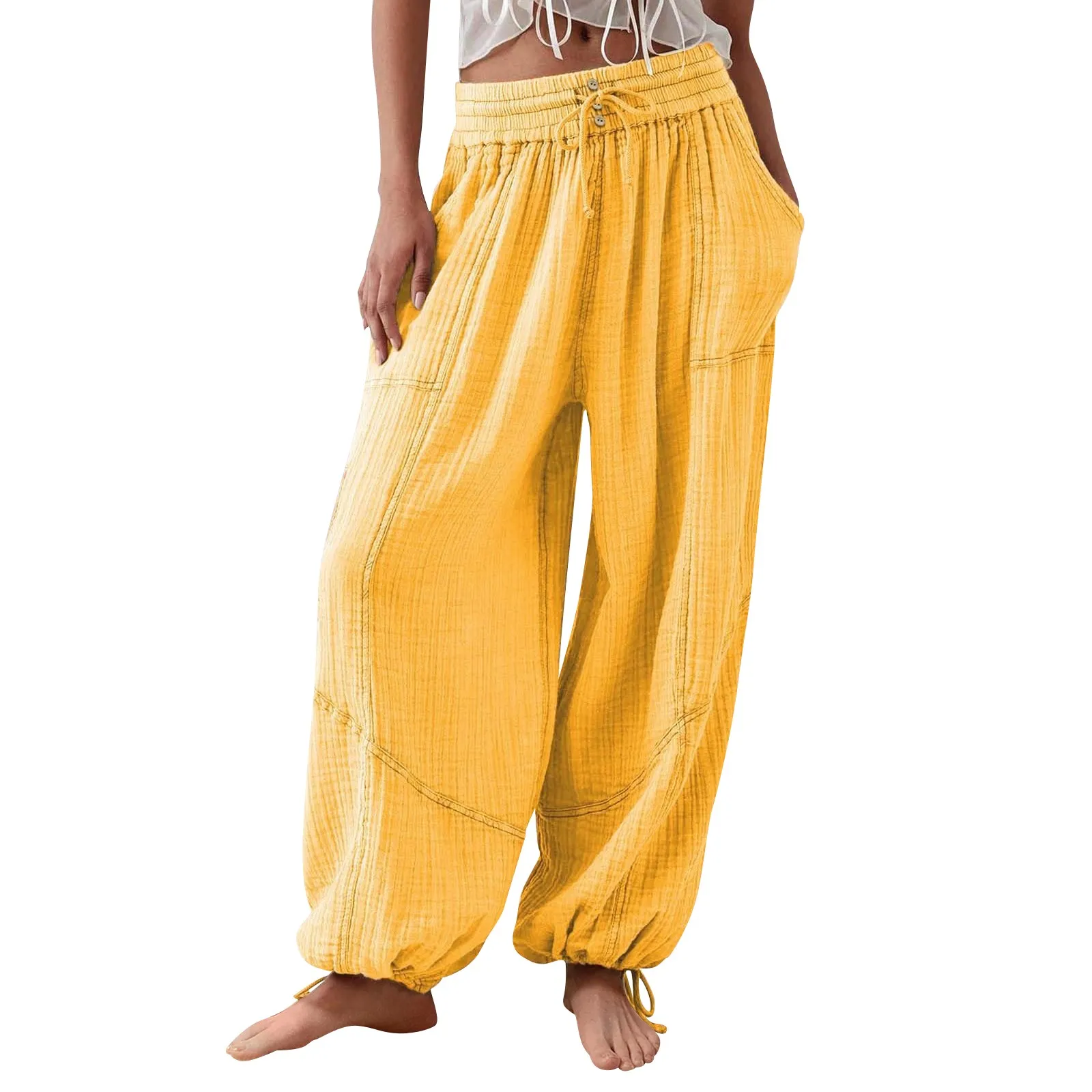 Loose Lantern Pants Women'S Solid Color Drawstring Wide Leg Pants Elastic Waistband Casual Pants Oversized Sports Pants For Wome