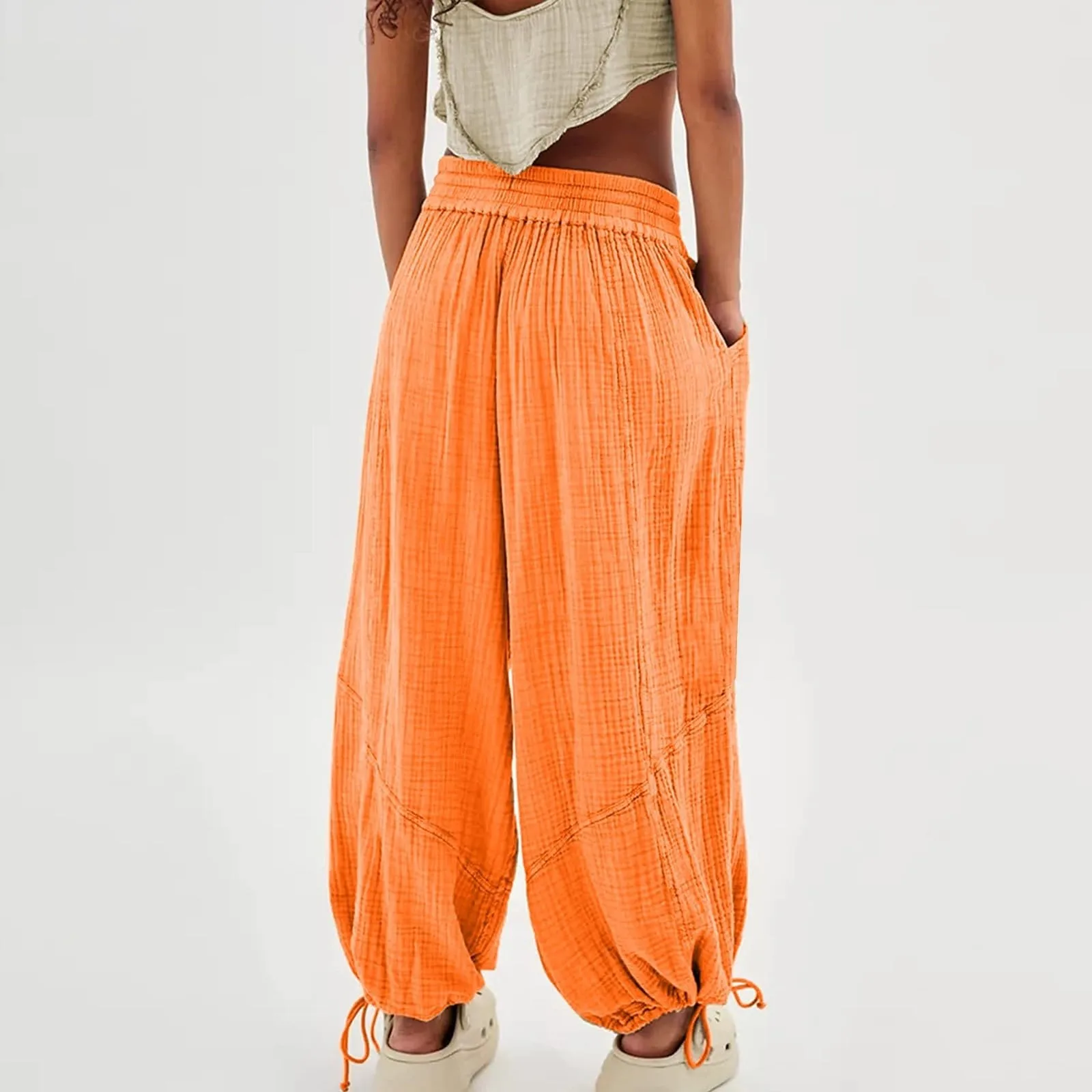 Loose Lantern Pants Women'S Solid Color Drawstring Wide Leg Pants Elastic Waistband Casual Pants Oversized Sports Pants For Wome
