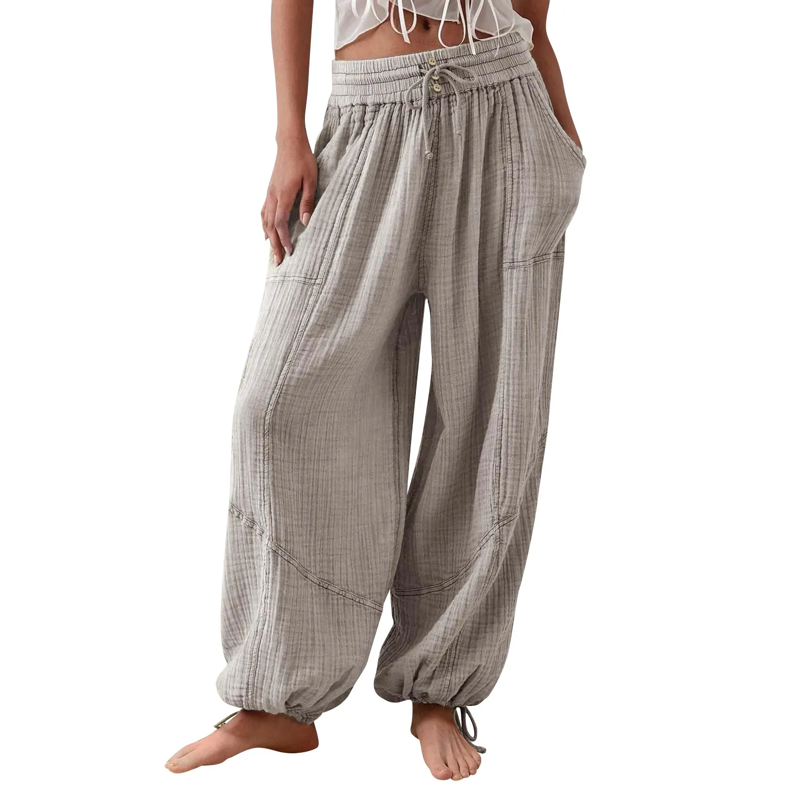 Loose Lantern Pants Women'S Solid Color Drawstring Wide Leg Pants Elastic Waistband Casual Pants Oversized Sports Pants For Wome