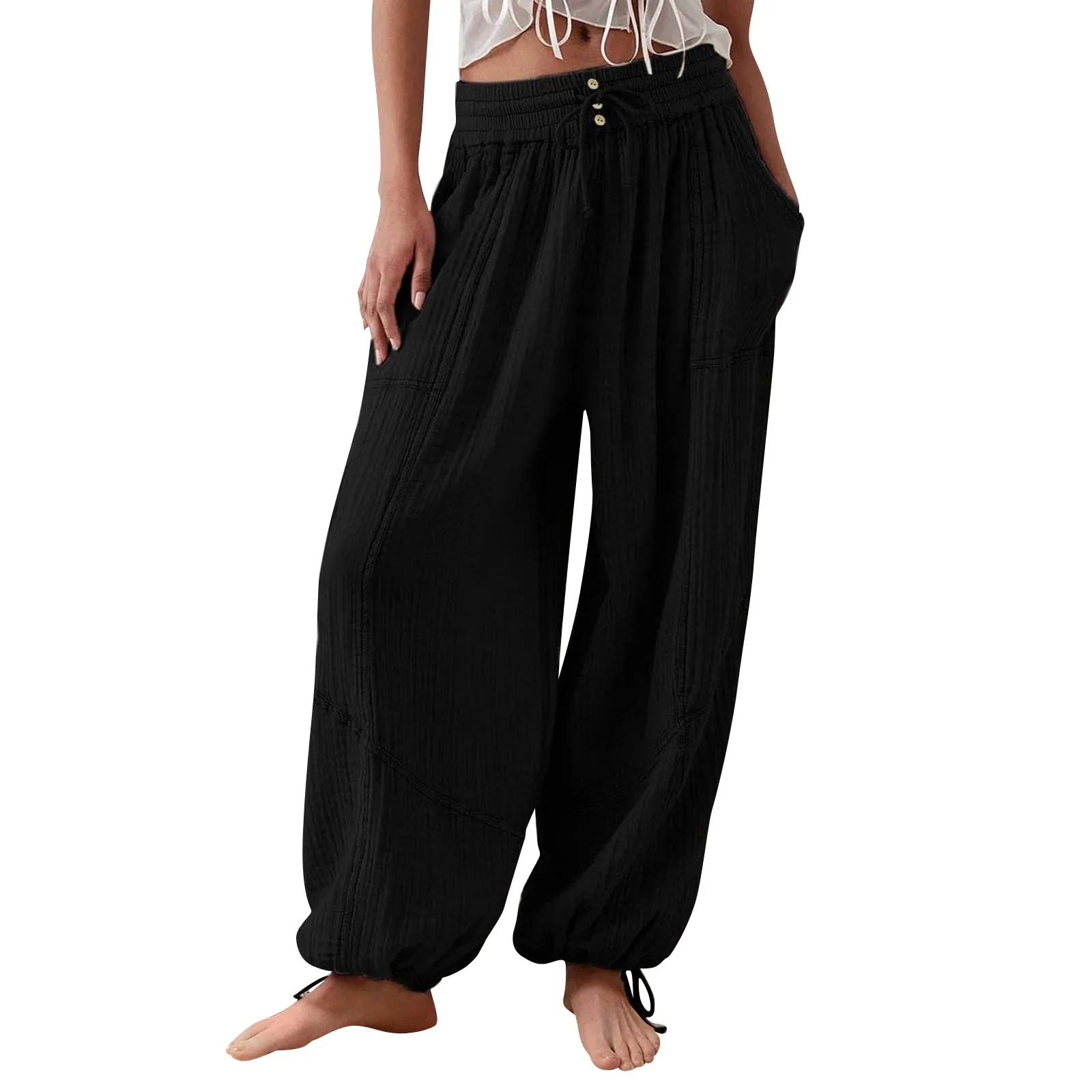 Loose Lantern Pants Women'S Solid Color Drawstring Wide Leg Pants Elastic Waistband Casual Pants Oversized Sports Pants For Wome