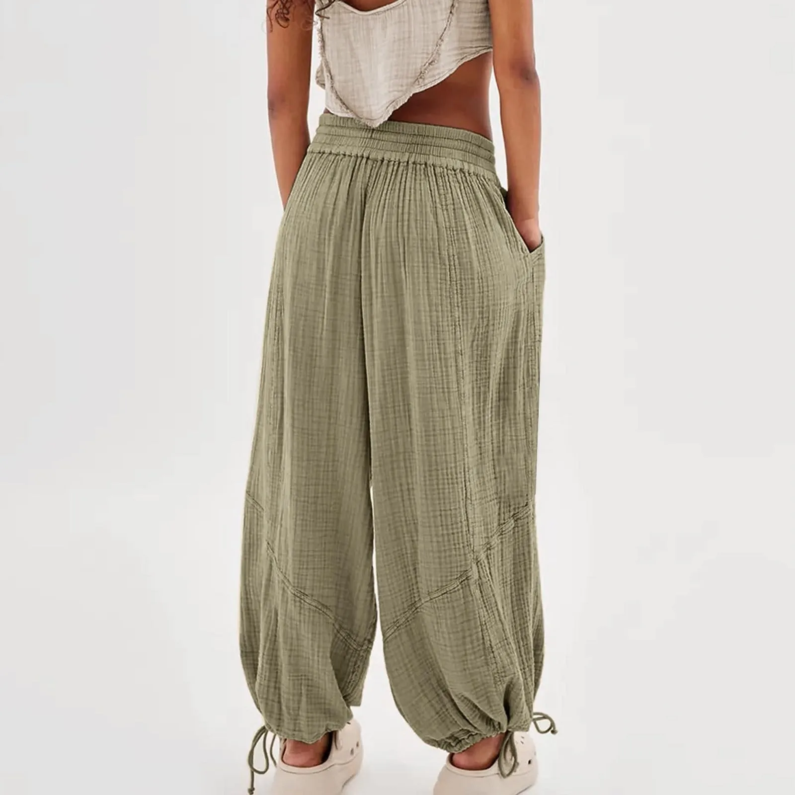 Loose Lantern Pants Women'S Solid Color Drawstring Wide Leg Pants Elastic Waistband Casual Pants Oversized Sports Pants For Wome