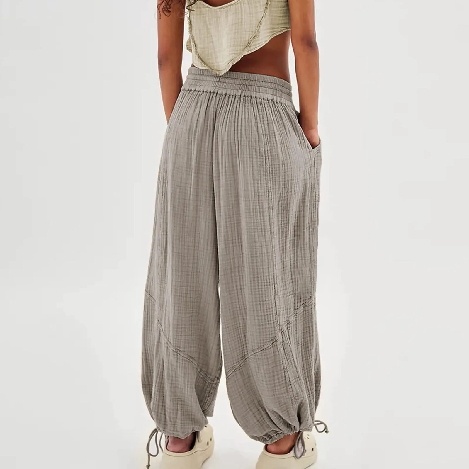 Loose Lantern Pants Women'S Solid Color Drawstring Wide Leg Pants Elastic Waistband Casual Pants Oversized Sports Pants For Wome