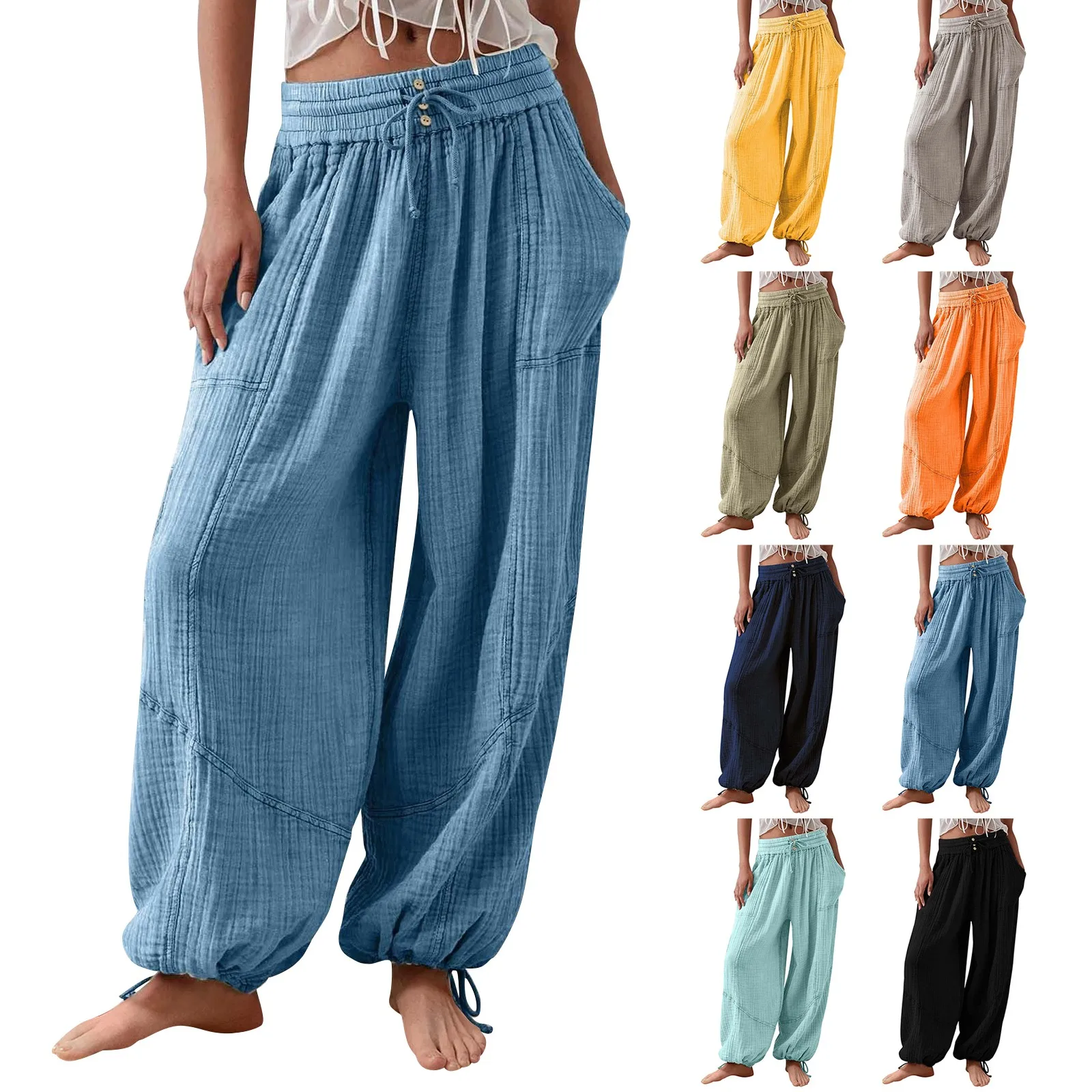 Loose Lantern Pants Women'S Solid Color Drawstring Wide Leg Pants Elastic Waistband Casual Pants Oversized Sports Pants For Wome