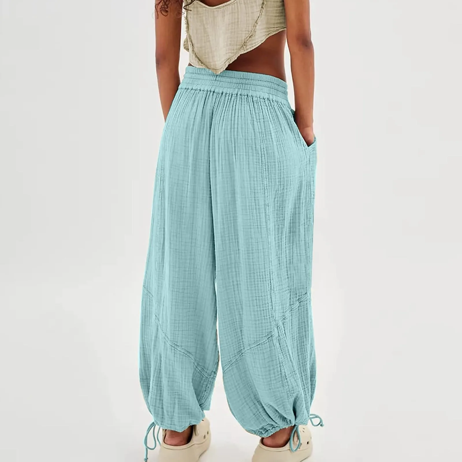 Loose Lantern Pants Women'S Solid Color Drawstring Wide Leg Pants Elastic Waistband Casual Pants Oversized Sports Pants For Wome