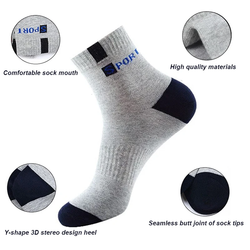 5 Pairs Cotton Sock for Men Sport Breathable Soft Letter Fashion Sneakers High Elastic Middle Tube Stocking Towel Sox Summer