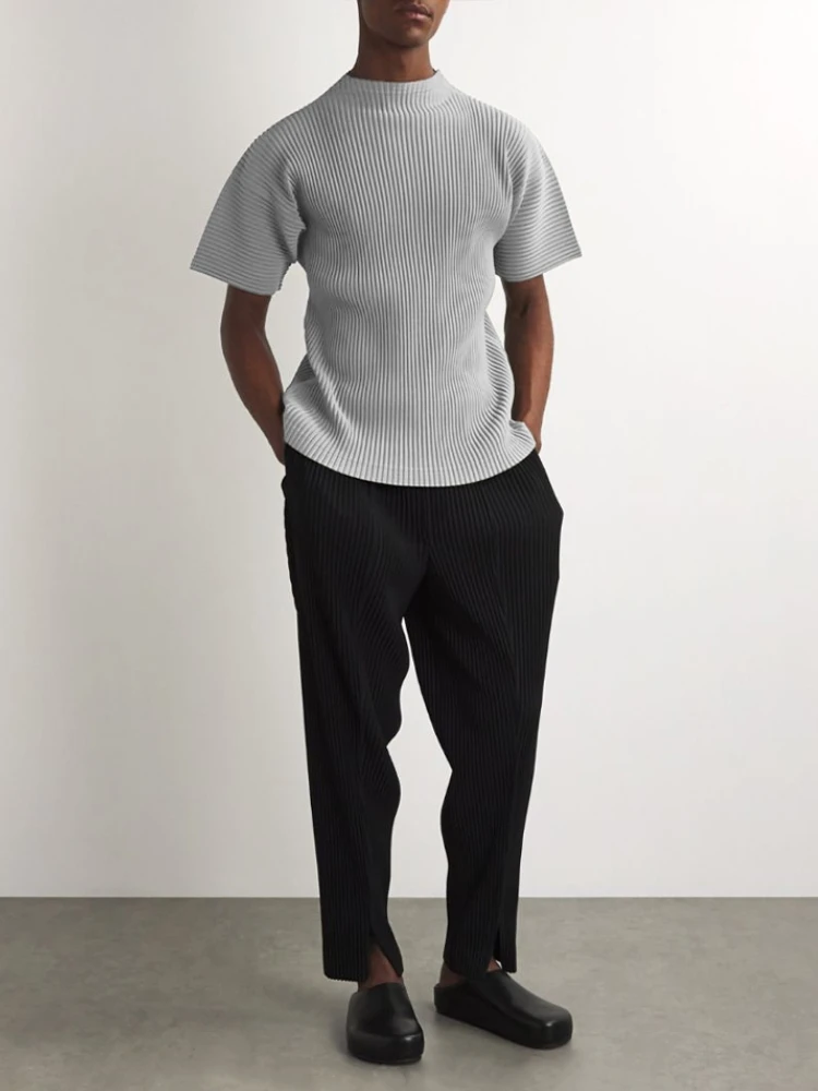 Miyake Pleated Clothes Man Short Sleeve T-Shirt Fashion Black Turtleneck Top