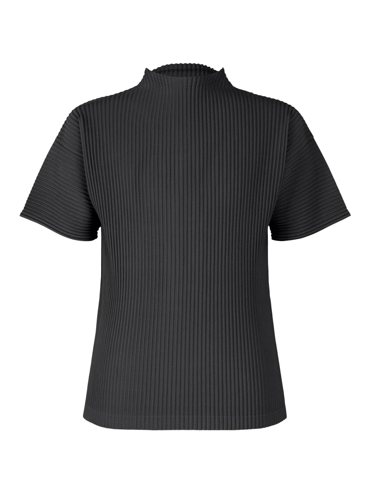 Miyake Pleated Clothes Man Short Sleeve T-Shirt Fashion Black Turtleneck Top