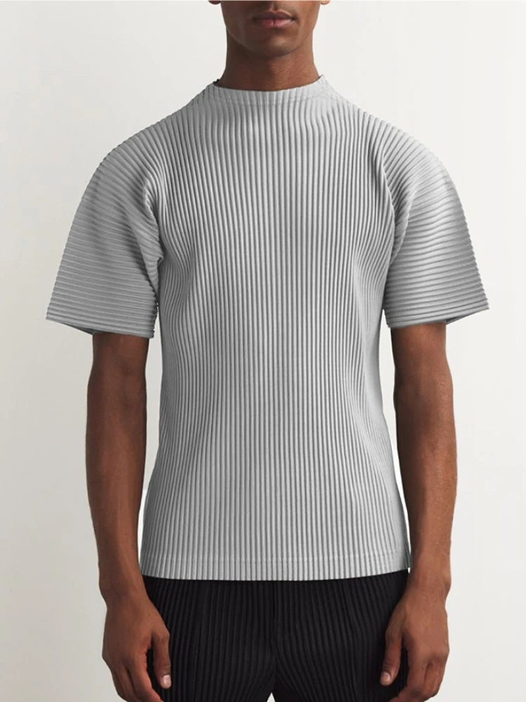 Miyake Pleated Clothes Man Short Sleeve T-Shirt Fashion Black Turtleneck Top