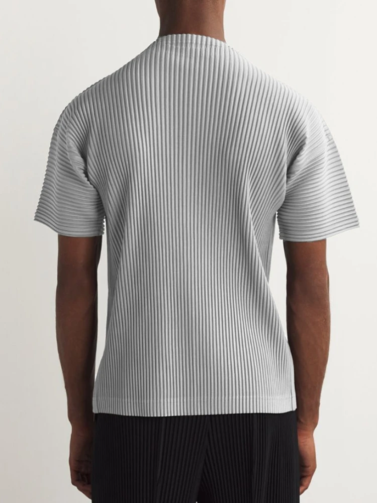 Miyake Pleated Clothes Man Short Sleeve T-Shirt Fashion Black Turtleneck Top