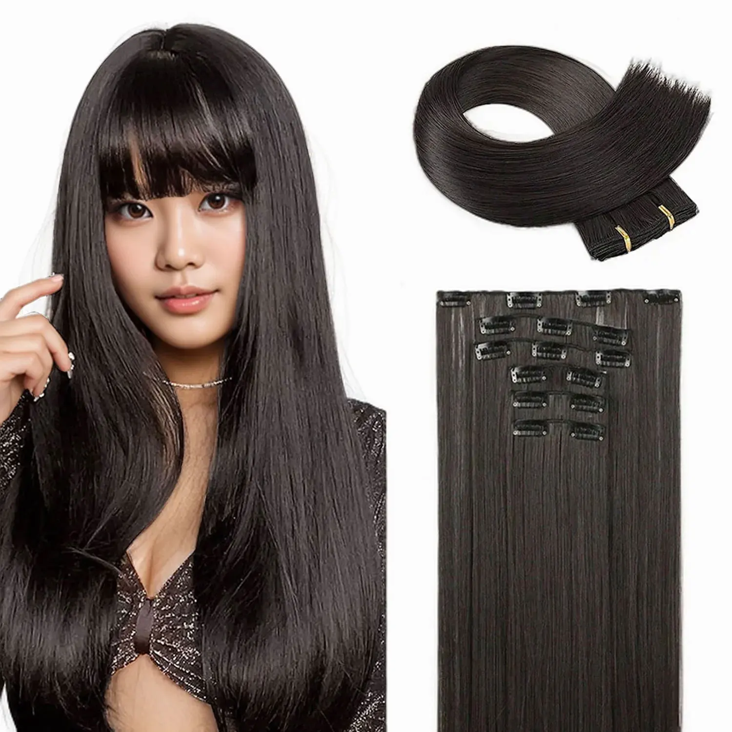 Synthetic 6PCS Clip in Hair Extensions Black Hair Straight Extensions for Women Layered Hair Extensions Heat Resistant Long Wavy