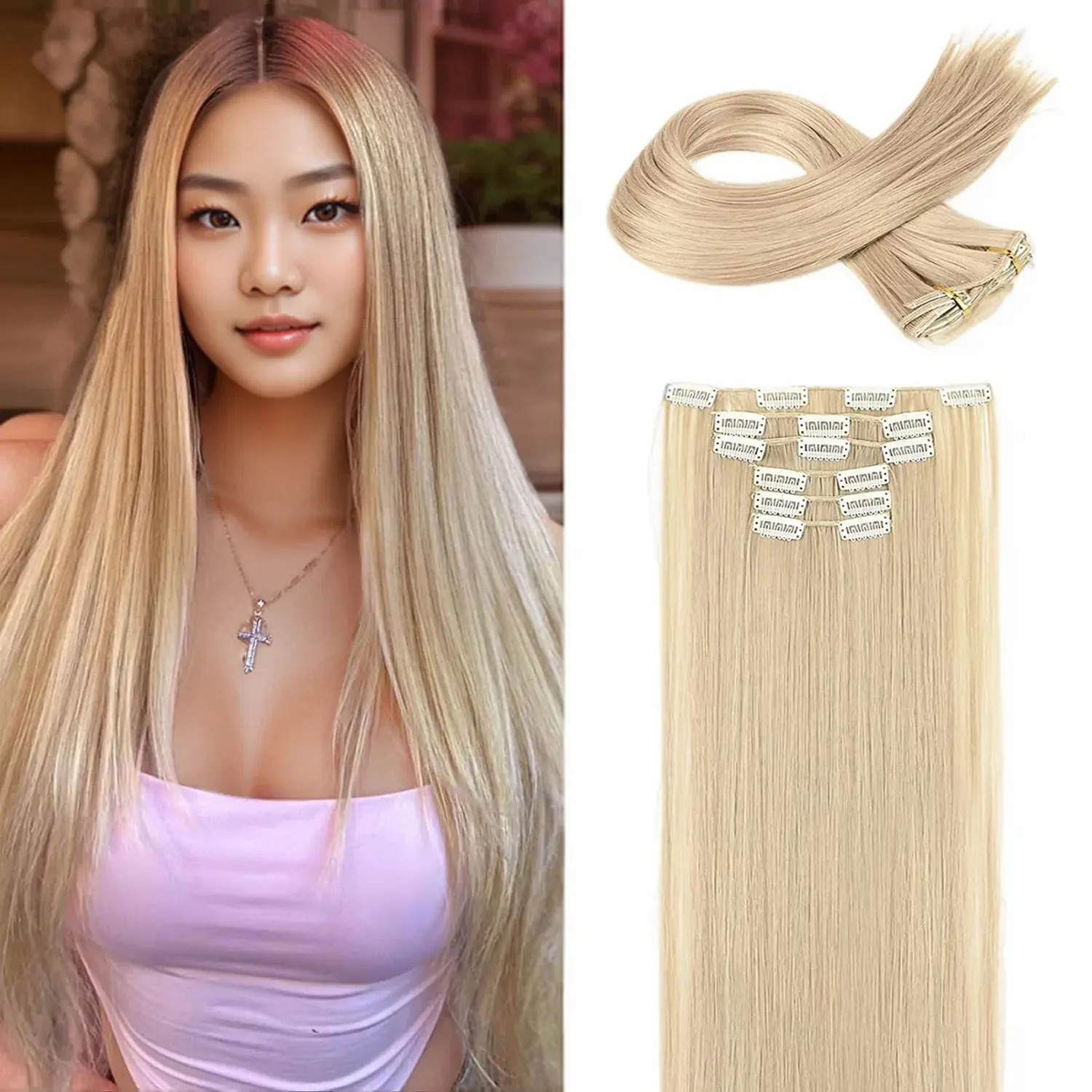 Synthetic 6PCS Clip in Hair Extensions Black Hair Straight Extensions for Women Layered Hair Extensions Heat Resistant Long Wavy