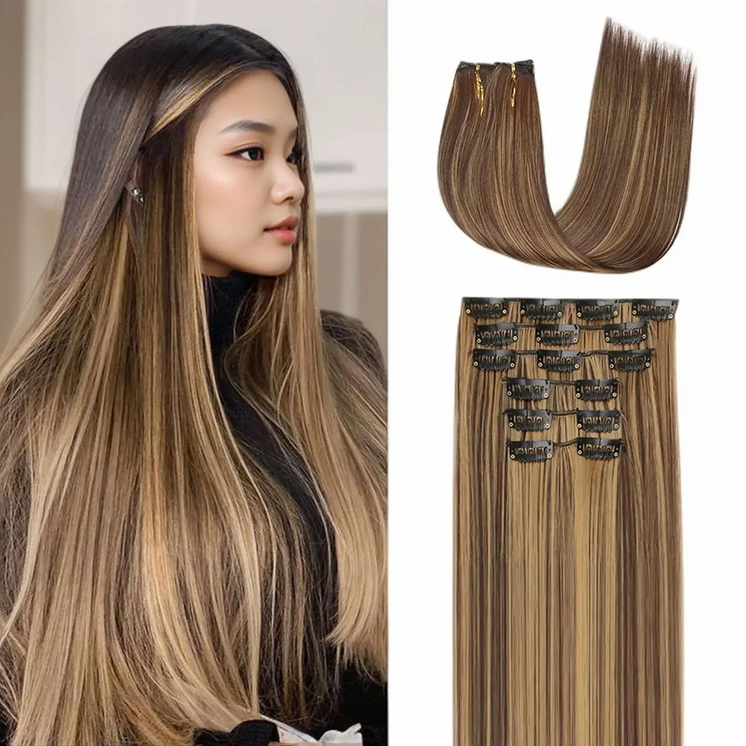 Synthetic 6PCS Clip in Hair Extensions Black Hair Straight Extensions for Women Layered Hair Extensions Heat Resistant Long Wavy