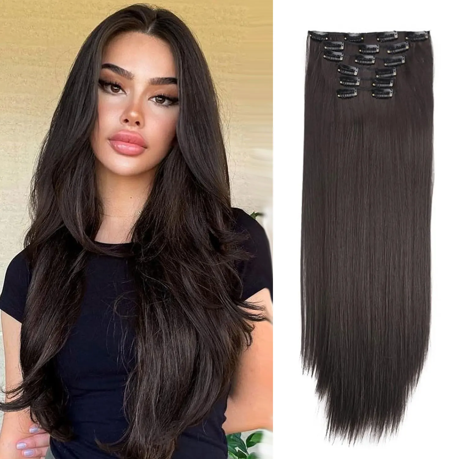 Synthetic 6PCS Clip in Hair Extensions Black Hair Straight Extensions for Women Layered Hair Extensions Heat Resistant Long Wavy