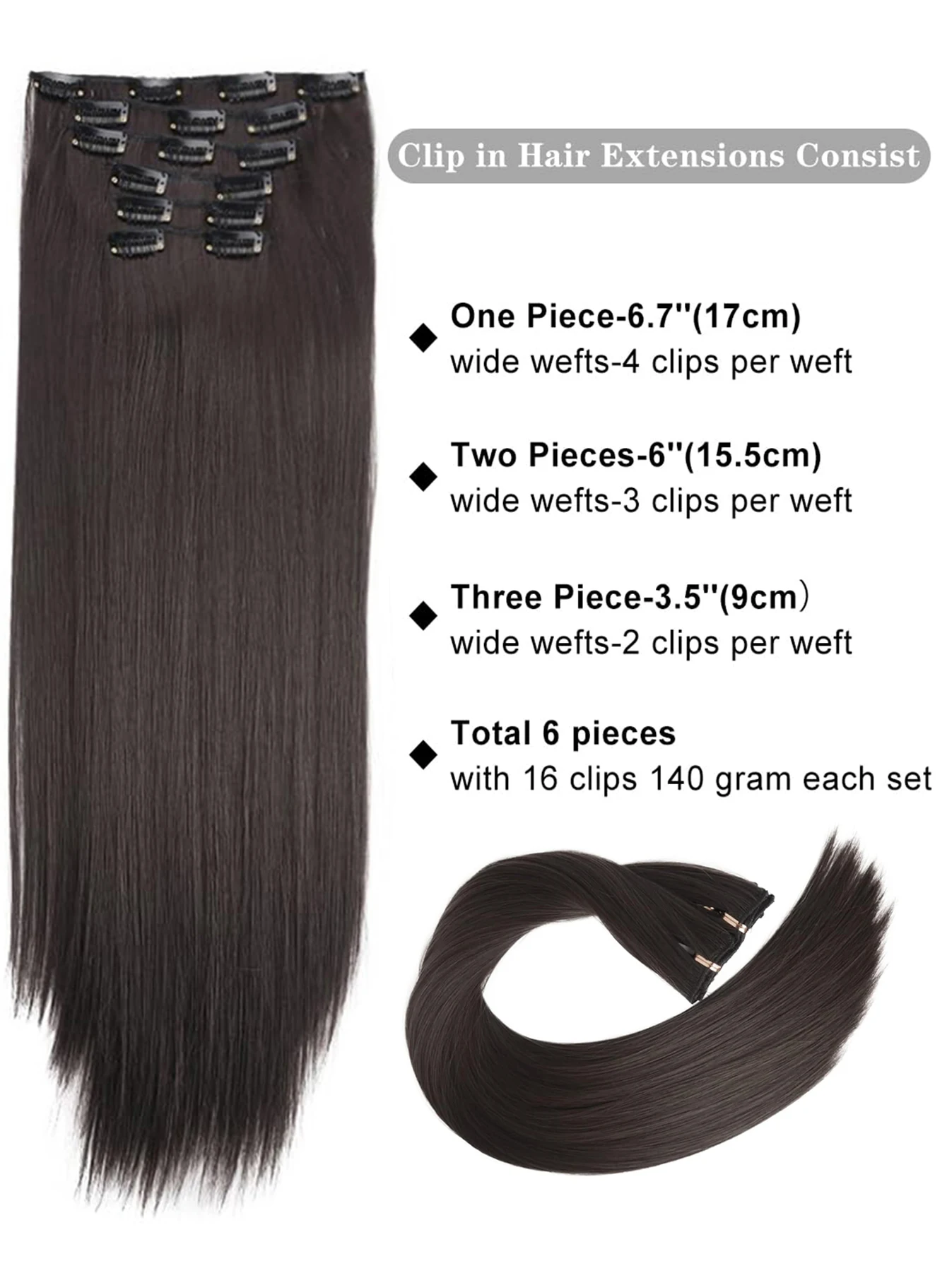 Synthetic 6PCS Clip in Hair Extensions Black Hair Straight Extensions for Women Layered Hair Extensions Heat Resistant Long Wavy