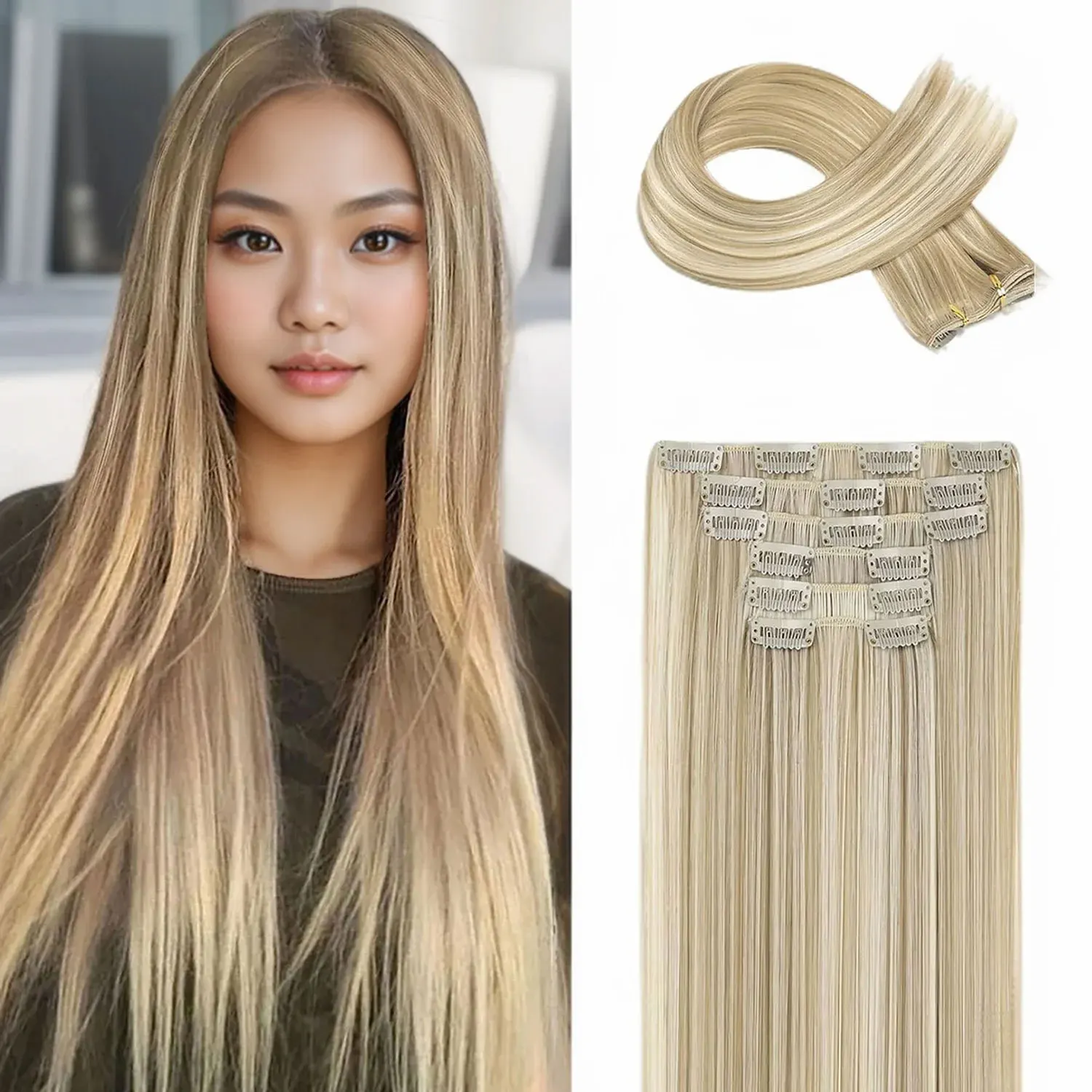 Synthetic 6PCS Clip in Hair Extensions Black Hair Straight Extensions for Women Layered Hair Extensions Heat Resistant Long Wavy