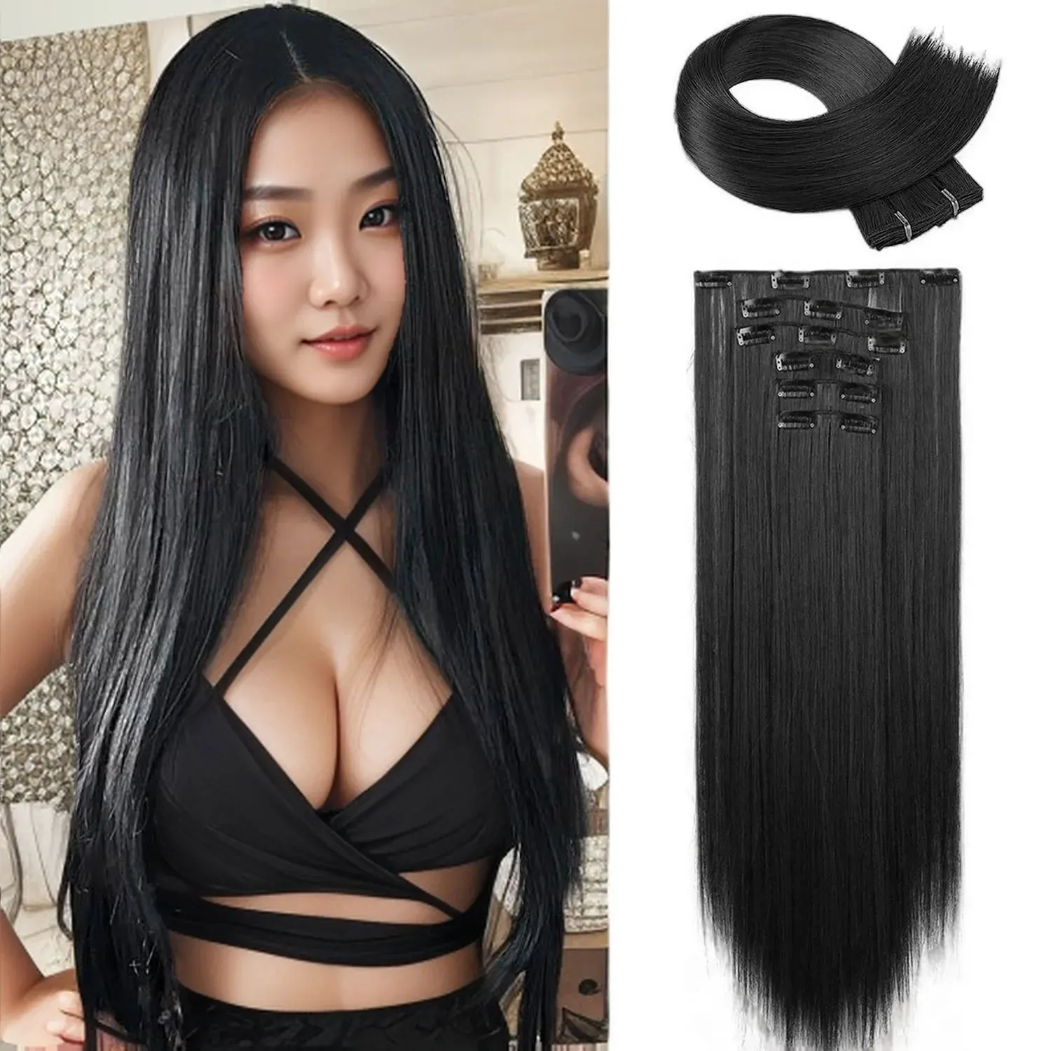 Synthetic 6PCS Clip in Hair Extensions Black Hair Straight Extensions for Women Layered Hair Extensions Heat Resistant Long Wavy