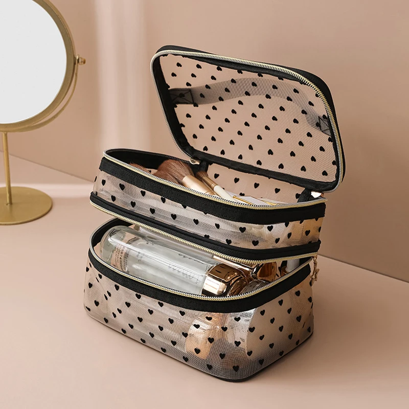 Large Capacity Mesh Cloth Makeup Bag Travel Essentials Cosmetics Organizer Women Toiletry Bag Double Layer Design Cosmetic Bag