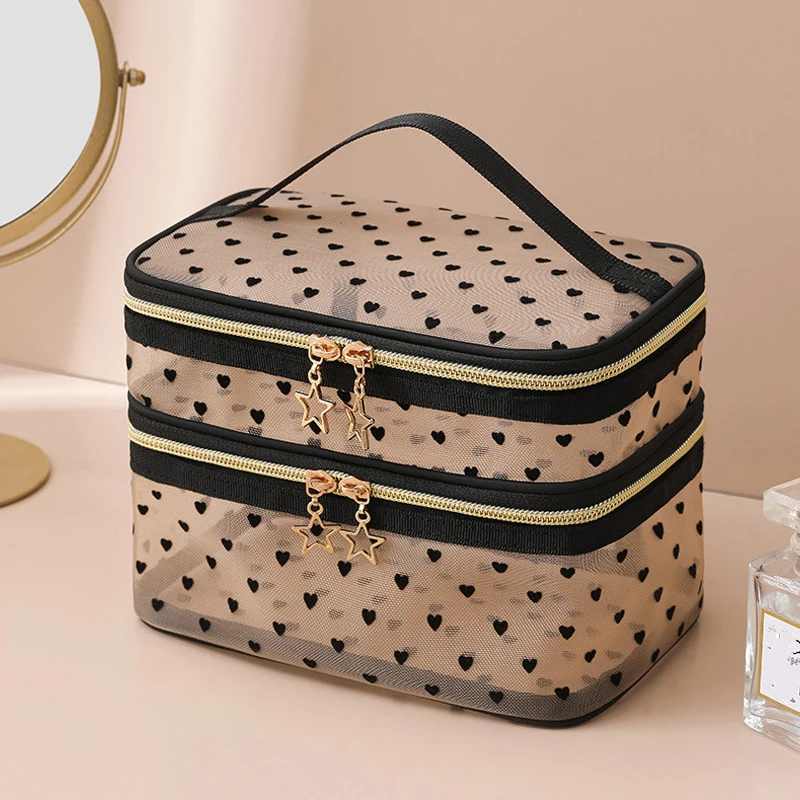 Large Capacity Mesh Cloth Makeup Bag Travel Essentials Cosmetics Organizer Women Toiletry Bag Double Layer Design Cosmetic Bag