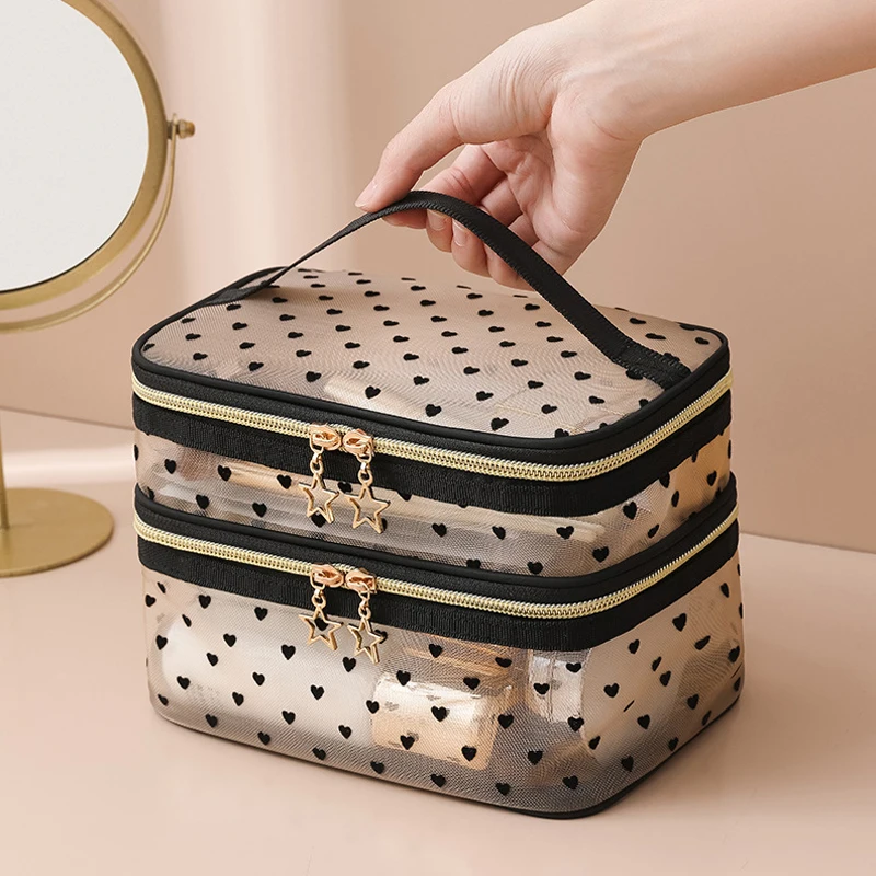 Large Capacity Mesh Cloth Makeup Bag Travel Essentials Cosmetics Organizer Women Toiletry Bag Double Layer Design Cosmetic Bag